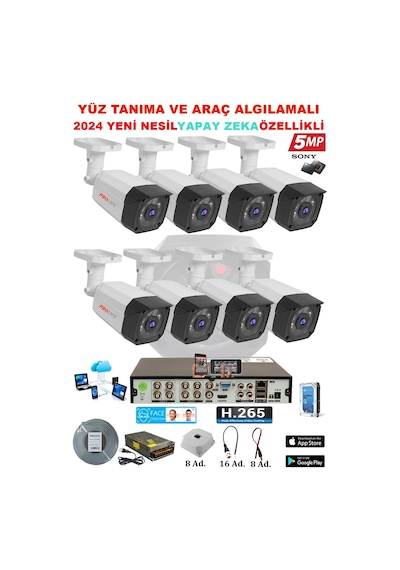 8 Kameralı Yapay Zeka Özellikli Yüz Tanıma ve Araç Algılamalı 5 Mp Kuruluma Hazır Kamera Seti