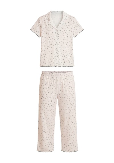 Cottonhill Beyaz Çiçek Desenli Pointel Gömlek Yaka Kadın Pijama Takımı