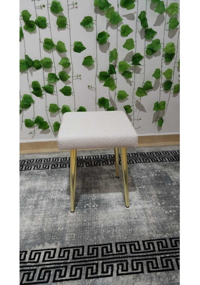 Özcan Metal Gold Metal Ayak Teddy Kumaş Dekoratif Çok Amaçlı Peluş Puf Tabure Bench Koltuk Sandalye Bej