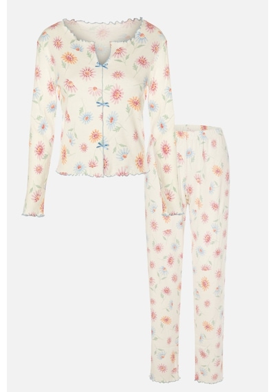 Kadın Pamuklu Çıtır Çiçek Desenli Baby Overloklu Fiyonk Detaylı Uzun Kollu Pijama Takımı Ko70142-1