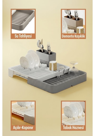 Sas Haus Gri - Uzayabilir Sürgülü Bulaşık Sepeti, Lavabo/tezgah Üstü Açılır Kapanır Bulaşıklık Kurutma Sepeti Gri