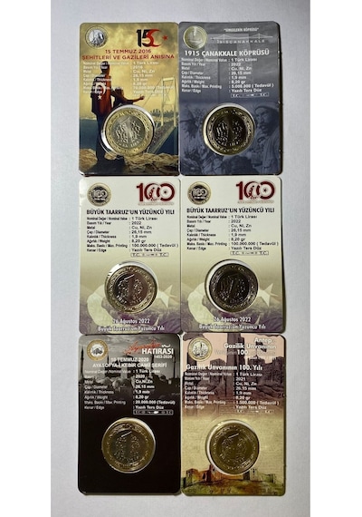 6 'lı Hatıra 1 Lira Para Kiti Seti, Ayasofya, Antep, Çanakkale, 15 Temmuz, 2'li Büyük Taarruz Çil