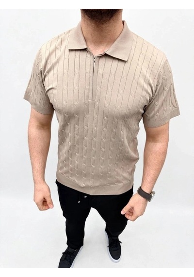Erkek Yazlık Triko Saç Örgü Tişört Kısa Kol Polo Yaka Fermuarlı T-shirt - Bej
