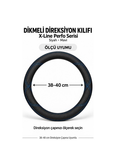 Trobus Seat Ateca 2016-2023 Uyumlu Dikmeli Direksiyon Kılıfı X-line Perfo Siyah Mavi Siyah - Mavi