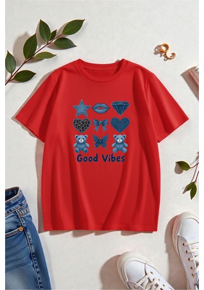 Uyguntarz Unisex Good Vibes Baskılı Tasarım Tshirt Kırmızı