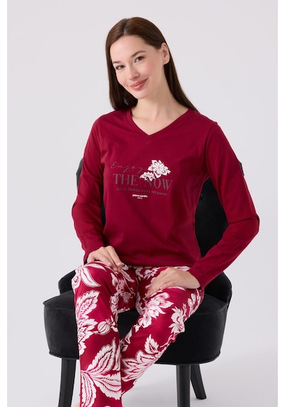 Pierre Cardin Paris 8865 Enjoy The Now Kadın Bordo Uzun Kol Pijama Takım VİŞNE