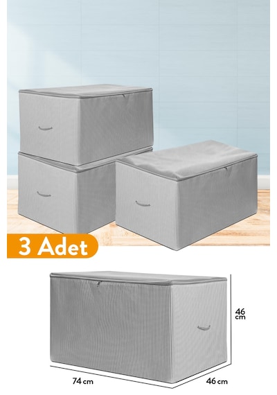 Serstil 3 Adet - Büyük Boy Antrasit Çizgili Hurç - 74 X 46 X 46 Cm