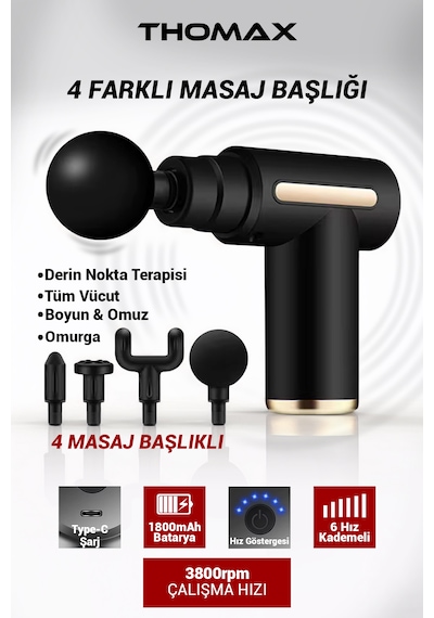 Thomax Profesyonel Şarjlı Darbeli Masaj Tabancası Masaj Aleti 4 Başlıklı 6 Kademe Tüm Vücut Siyah
