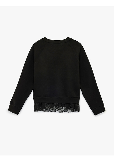 Koton Dantel Detaylı Uzun Kollu Bisiklet Yaka Oversize Sweatshirt Siyah 6sal10334ık Siyah