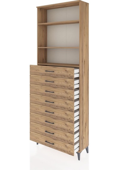 Arges Dolap 3 Raflı 8 Çekmeceli 88x30x243 Çam-çam Çam