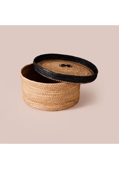 Living Mustard Kapaklı Örgü Sepet - Bej / Siyah - 22x11 Cm Çok Renkli