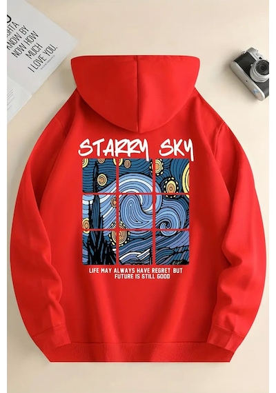 Uyguntarz Starry Sky Baskılı Unisex Oversize Sweatshirt Kırmızı