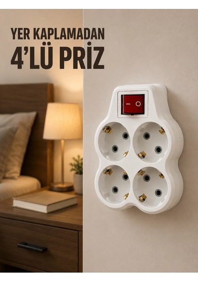 4 Lü Priz Çoğaltıcı Açma Kapama Anahtarlı Kablosuz Duvar Tipi Priz Adaptörü 1