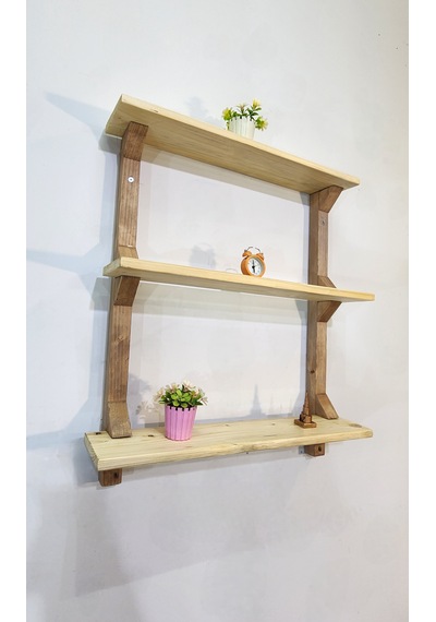 Modern 3 Katlı Ahşap Duvar Rafı Dekoratif Masif Ahşap Kitaplık Ve Duvar Rafı Bej