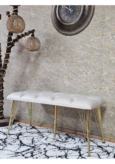 Zafir Metal Gold Tel Ayaklı 100 Cm Puf Bench - Puf - Bench - Oturak - Mutfak Oturağı - Antre Oturağı Krem
