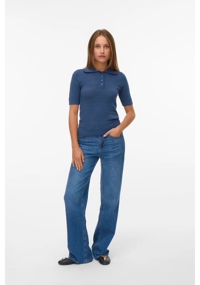 Vero Moda Kadın Vmlımone Polo Yaka Kısa Kollu Kazak 10340101 Indigo Indigo