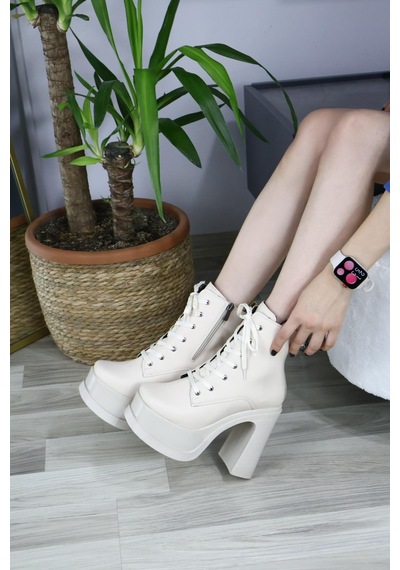 Asmi Shoes Kadın Lina Bağcık Detayı 12 Cm Platformlu Bot Krem Krem