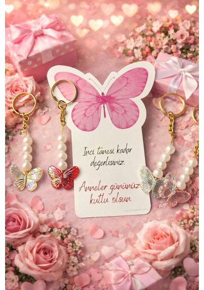 Butterfly Renkli Kelebek Anahtarlık- Anneler Günü Hediyesi - 10 Adet - Pembe Kelebek Konsept Kart Çok Renkli