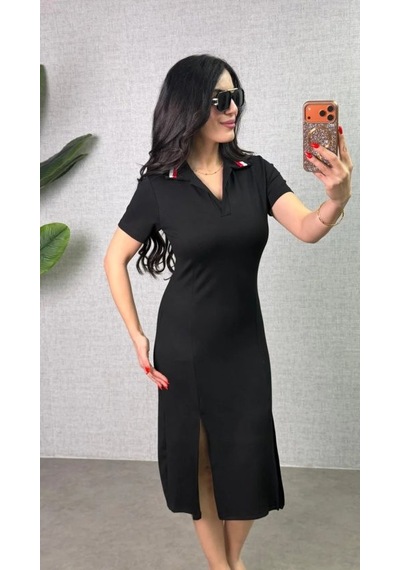 Veraura Lifestyle Kadın Polo Yaka Çift Yırtmaç Detay Modal Kumaş Midi Boy Elbise Siyah