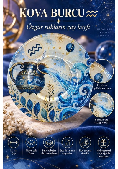 6 Lı Cam Çay Tabağı Kova Burcu Astroloji Desenli 12 Cm 6 Adet Çay Tabak Lacivert