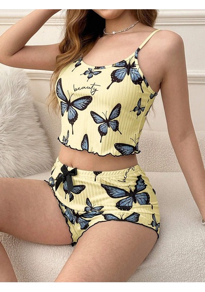 Melonika Kadın Sarı Kelebek Desenli Askılı Şortlu Ribana Pijama Takımı,rahat Ve Şık Ev Giyim,kadın Pijama Çok Renkli