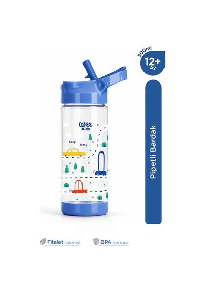 Wee Kids Arabalı Pipetli Çocuk Matarası Okul Ve Kreş Suluğu 500 Ml 12+ Ay Mavi