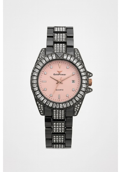 Taşlı Metal Kordon Takvimli Kadın Kol Saati Siyah/içipembe - 646846802 Rose Gold