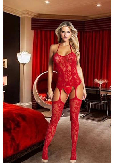 Northcity Kadın Kırmızı Yumuşak İp Dokulu File Seksi Fantezi Vücut Çorabı