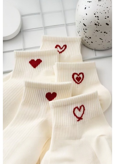 Hitit Socks Kadın 5 Çift Kalp Desenli Kısa Patik Çorap Ekru Çok Renkli