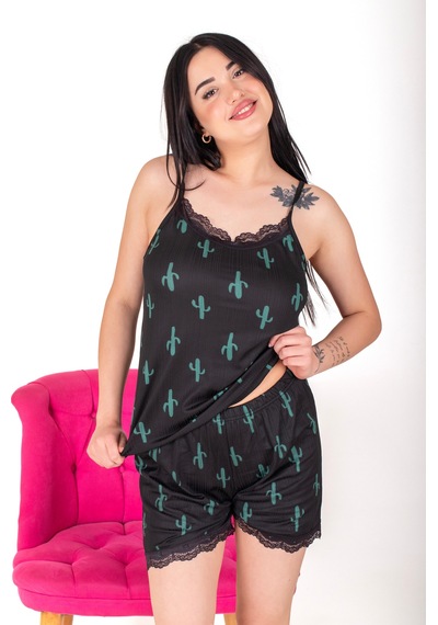 Kadın Pegasus Kumaş Kaktüs Desenli Fitilli İp Askılı Şortlu Pijama Takımı Yeşil