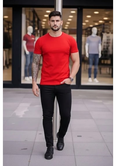 Butik İstanbul Erkek T-shirt Bisiklet Yaka Slim Fit Dar Kesim Likralı Tişört Günlük Basic Body - Kırmızı