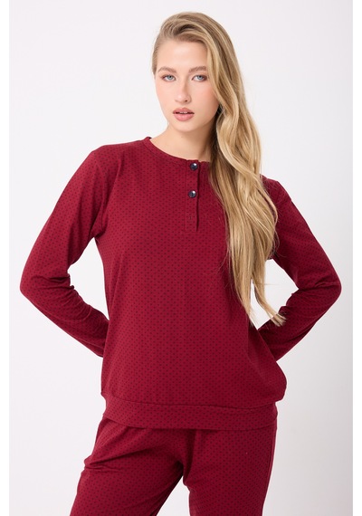 Lespadon Ocean Rıpple Premium Örme Pamuk Uzun Kollu Henley & Uzun Pantolonlu Kadın Pijama Takımı-3216 Bordo