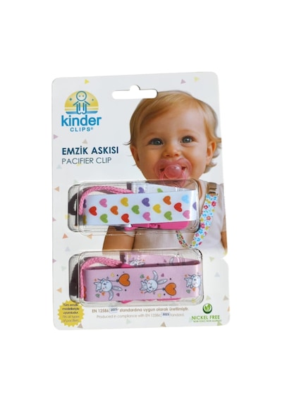 2'li Pembe Tavşan Ve Renkli Kalp Desenli Plastik Klips Emzik Askısı Genel