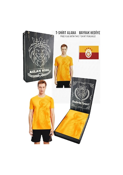 Gsstore Galatasaray Lisanslı Aslan Baskılı Sarı T-shirt Bayrak Ve Lazer Kutu Hediyeli Sarı