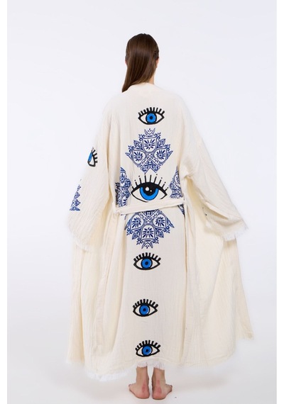 Befera Müslin Kimono Pamuklu Etnik Göz Baskılı Desenli Bornoz Kaftan Sabahlık Ekru