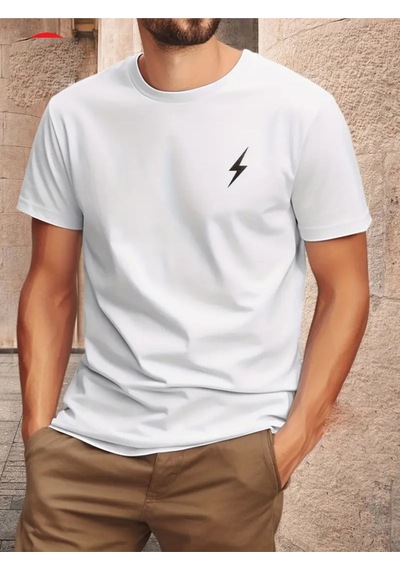 Unisex Pamuklu Sihirli Çizgi Ön Baskılı Tasarım Tshirt Beyaz
