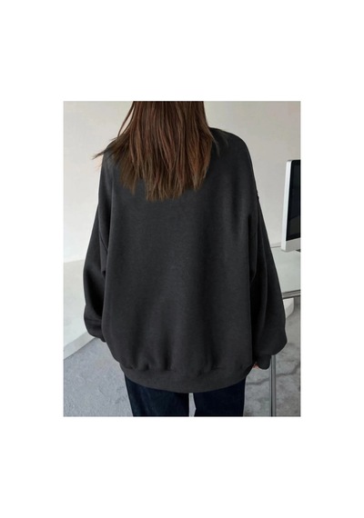 Kadın Düz Bisiklet Yaka 3 İplik Sweatshirt - Siyah