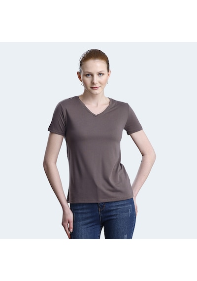 Slazenger PERICAS Kadın V Yaka Kahve Tişört