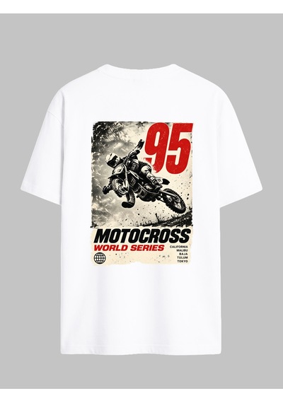 Black Nova Oversize Baskılı Unisex Tişört Motocross Beyaz