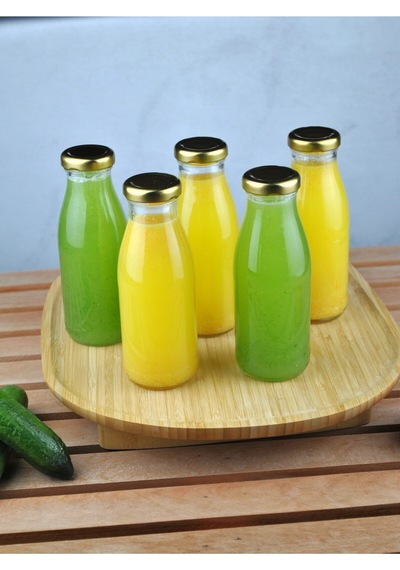 5 Adet Cam Şişe Meyve Suyu Ayran Detoks Şişesi 250 Ml Gold Metal Kapaklı Şişe