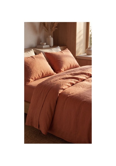 %100 Pamuk Keten Çift Kişilik Nevresim Takımı Lastikli Çarşaflı 200x220 Cm Tarçın Rengi - 904806307 Tarçın Rengi