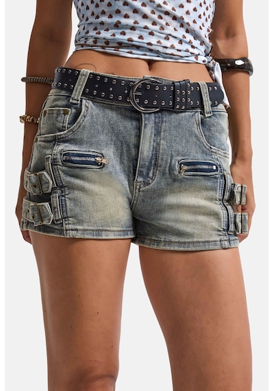 Kadın Kot Renk Süper Mini Özel Tasarım Denim Şort Mavi
