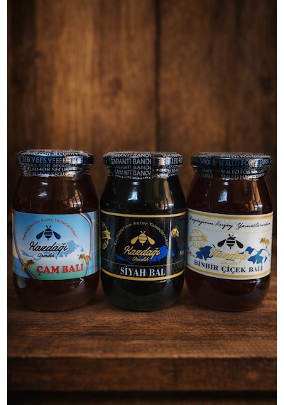 Kazdağı 3'lü Bal Seti Siyah Bal 500g Çiçek Balı 500g Çam Balı 500g