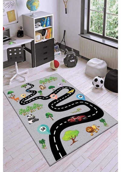 Gri Kaymaz Tabanlı Otoyollu Oyun Halısı Çocuk Halısı Ar221n11