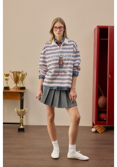Defacto %100 Pamuk Overshırt Fıt Yarım Fermuarlı Baskılı Sweatshirt H4215ax26wnpn141 Pembe-pn141