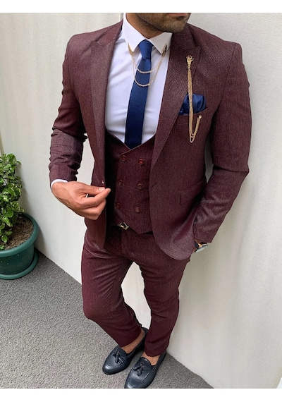 Modefendi Slim Fit İtalyan Kesim Pamuk Spor Takım Elbise Bordo