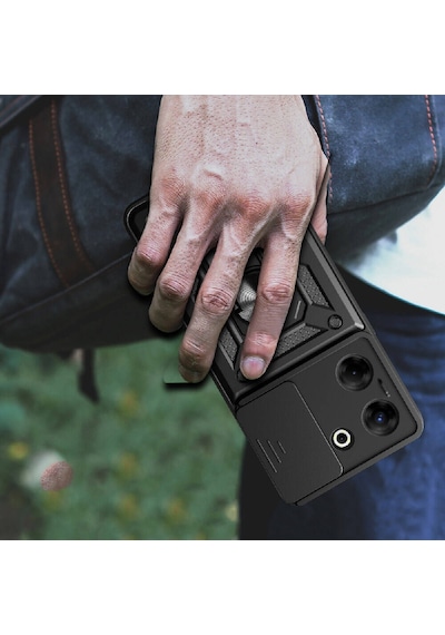 Noktaks - Tecno Uyumlu Tecno Camon 20 Pro 5g - Kılıf Sürgülü Kamera Korumalı Yüzüklü Çift Katman Zırh Tank Vega Kapak - Siyah