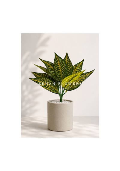 Yapay Çizgili Croton Calathea 48 Cm - Dekoratif Vazo İçi Islak Dokulu Yaprak Dalı Saksısız Çok Renkli