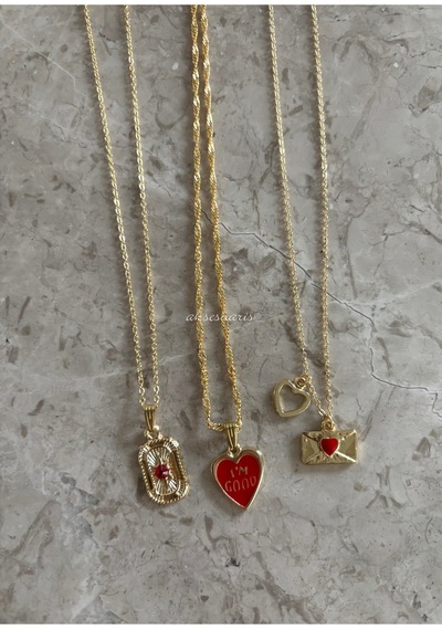 3'lü Gold Kırmızı Kalp Charm Love Kolye Set Altın Altın