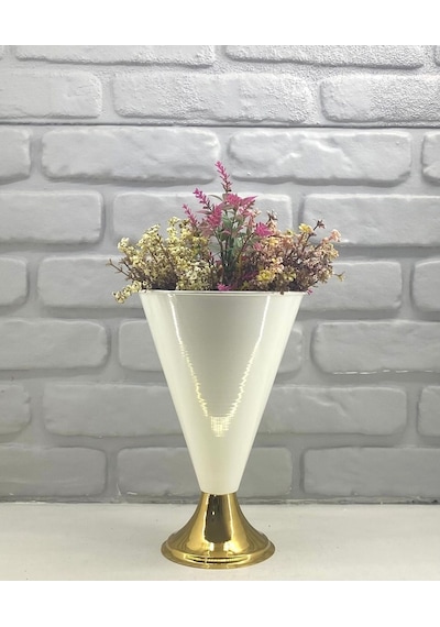 Decodelight Modern Dekoratif Konik Gold Ayaklı Beyaz Büyük Vazo Beyaz - Gold